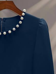 GlowEve 两件套：独特串珠长袖上衣和中长裙，优雅秋冬风格 - 寶藍色 - 查看 3