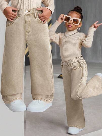 SHEIN Girls Solid Color Casual Loose Denim Pants