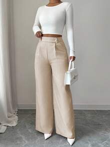 Elenzga Women's Bamboo Fabric Waist Front Overlay Buckle Design Elegant Teacher Uniform Professional Casual Pants, Thanksgiving, Halloween Essential Versatile Loose Flowy Straight Leg Pants - Khaki - View 3