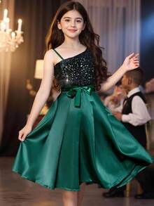 Sparklyn Váy dạ hội màu xanh lá cây đính sequin thanh lịch dành cho bé gái tuổi teen thích hợp mặc khi đi dạ hội, tiệc tùng hoặc mặc hàng ngày - Màu xanh lá cây đậm - Xem 2