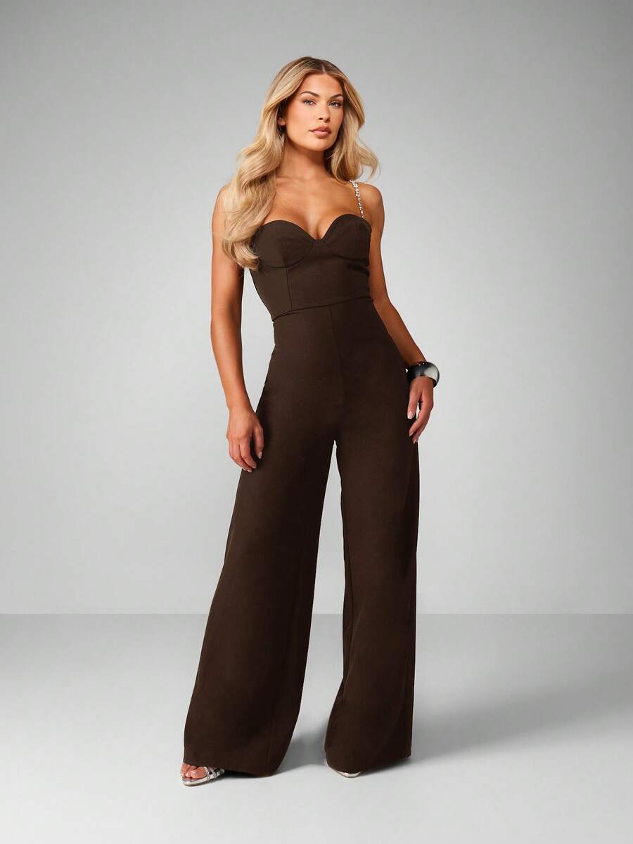 MISSGUIDED Diamante Strap Bustier Wide Leg Jumpsuit With Sweetheart Neckline And Crystal Embellished Straps - Coffee Brown - View 1