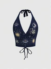 ROMWE Hippie 女士嬉皮波西米亚风格刺绣衬衫，饰有月亮和星星图案 - 寶藍色 - 查看 1