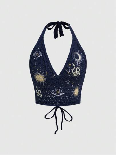 Blouse bohème de style hippie pour femmes avec motifs brodés de lune et d'étoiles