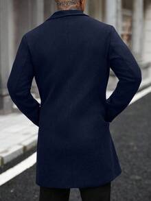 Manfinity CasualCool Men's Button Front Long-Sleeved Pocket Simple Plus-Size Casual Windbreaker, Flannel Windbreaker For Going Out, Gifts For Friends, Husbands And Boyfriends Coat For Men - Navy Blue - View 2