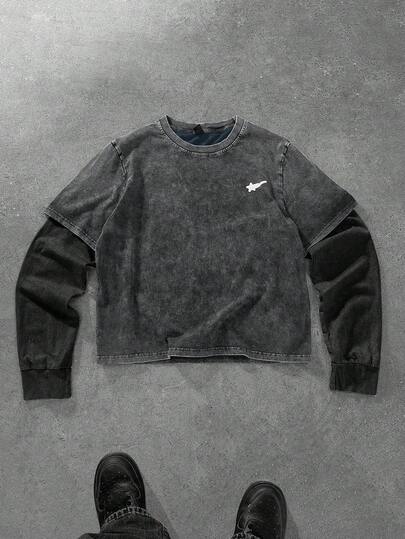 PAVTROS 1pc Men's Sweatshirt, Minimalist Graphic Chest Patch, Crew Neck Pullover Pullover Sweatshirt, Short Style, Black & White Contrast, Sporty Casual Everyday Wear, Ideal Gift For Boyfriend/Husband, Unisex Cropped Long Sleeve Men