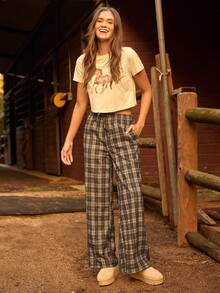 WESTFADE 格纹编织抽绳腰宽松中腰阔腿裤，冬季、波西米亚风、西部风、假日、圣诞节、新年、纳什维尔牛仔风、休闲、可爱 - 棕色 - 查看 4