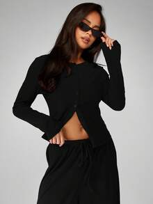 MISSGUIDED Conjunto de dos piezas de toque suave con top corto de manga larga y pantalones de pierna ancha, conjunto informal a juego para otoño e invierno - Negro - Ver 6