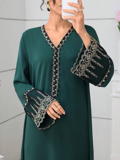Al Najma Gold Embroidered Trim V-Neck Long Sleeve Contrast Cuff Loose Elegant Dress