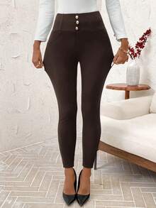 SHEIN Clasi Women's Thermal Fabric Pants, Suitable For Commuting And Casual Wear, Autumn/Winter - Brown - View 5