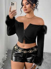 INAWLY Blusa elegante con cremallera y cuello con borde de peluche para mujer de talla grande - Negro - Ver 3