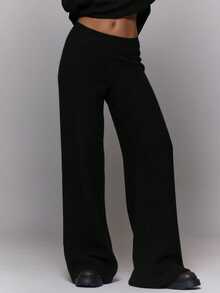 MUSERA 阔腿纽扣细节针织套装裤，冬季外出日常夜游休闲酷炫街头风水洗时尚度假款 - 黑色 - 查看 2