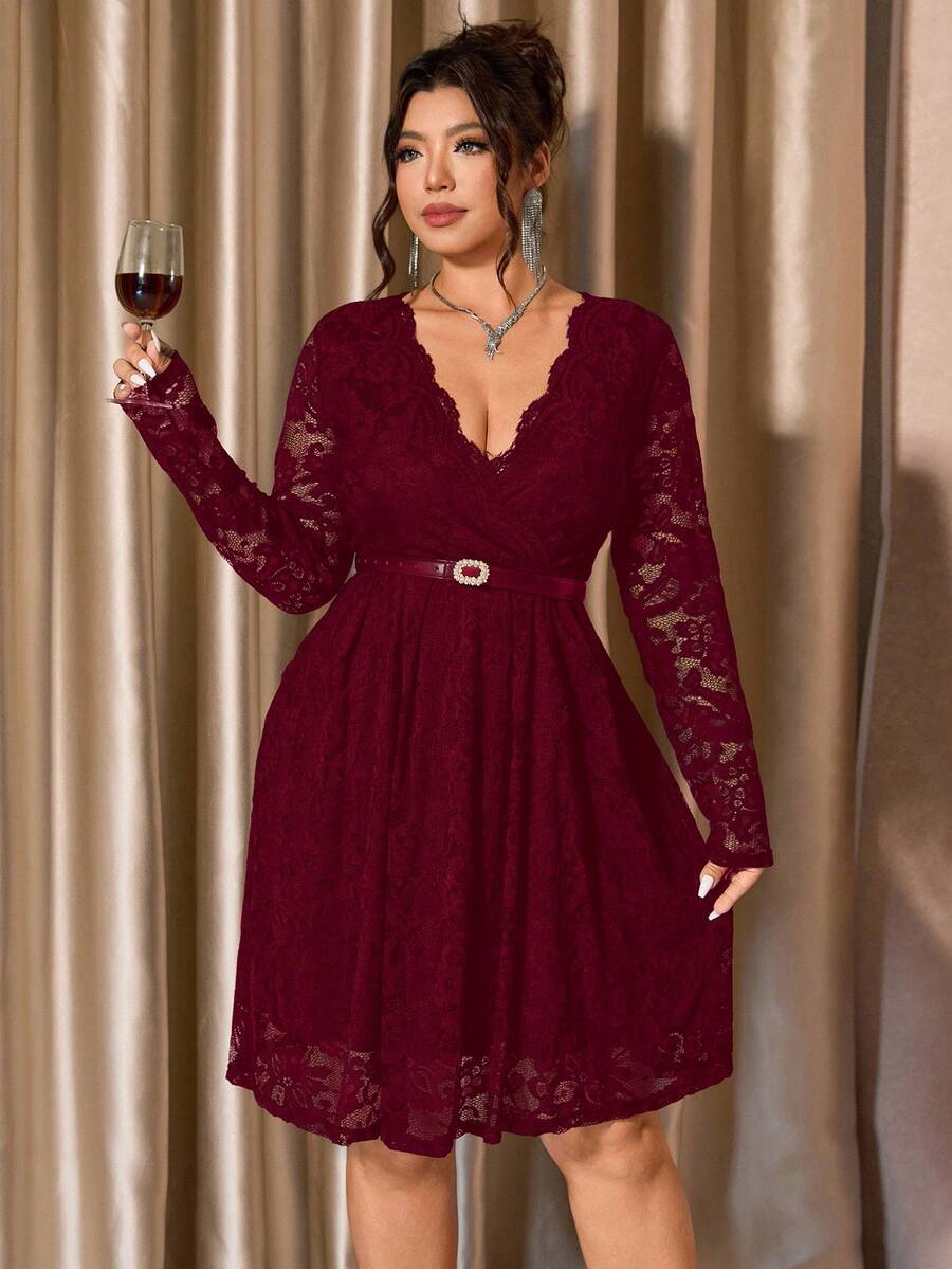 Cravure Plus Size Women V-Neck Ruffle Lace Hollow Out Dress Fall - Burgundy - View 1
