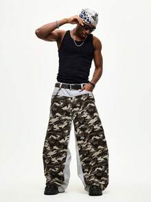 ROMWE MEN Street Life Herren Patchwork Camouflage Muster Relaxed Fit Jeans mit Taschen - Grün - Übersicht 5