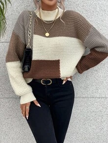 EMERY ROSE 女士撞色落肩长袖休闲宽松套头毛衣，秋冬款 - 彩色 - 查看 4