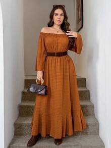 Zelara Vestido de moda de manga larga con cuello cuadrado y abertura lateral para mujer de talla grande - Marrón - Ver 6