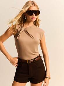 Daynim Blusa con nudo delantero sólido - Marrón - Ver 3