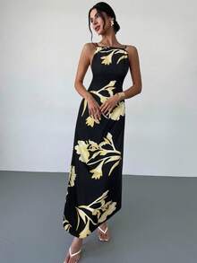 Vestido casual de verano sin espalda con tirantes finos y estampado floral, color amarillo mantequilla, para mujer - Negro 2 - Ver 4