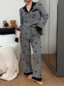 Dream Adore Bộ đồ ngủ dài tay kẻ sọc cổ bèo nhún màu tương phản dành cho nữ - màu đen - Xem 1