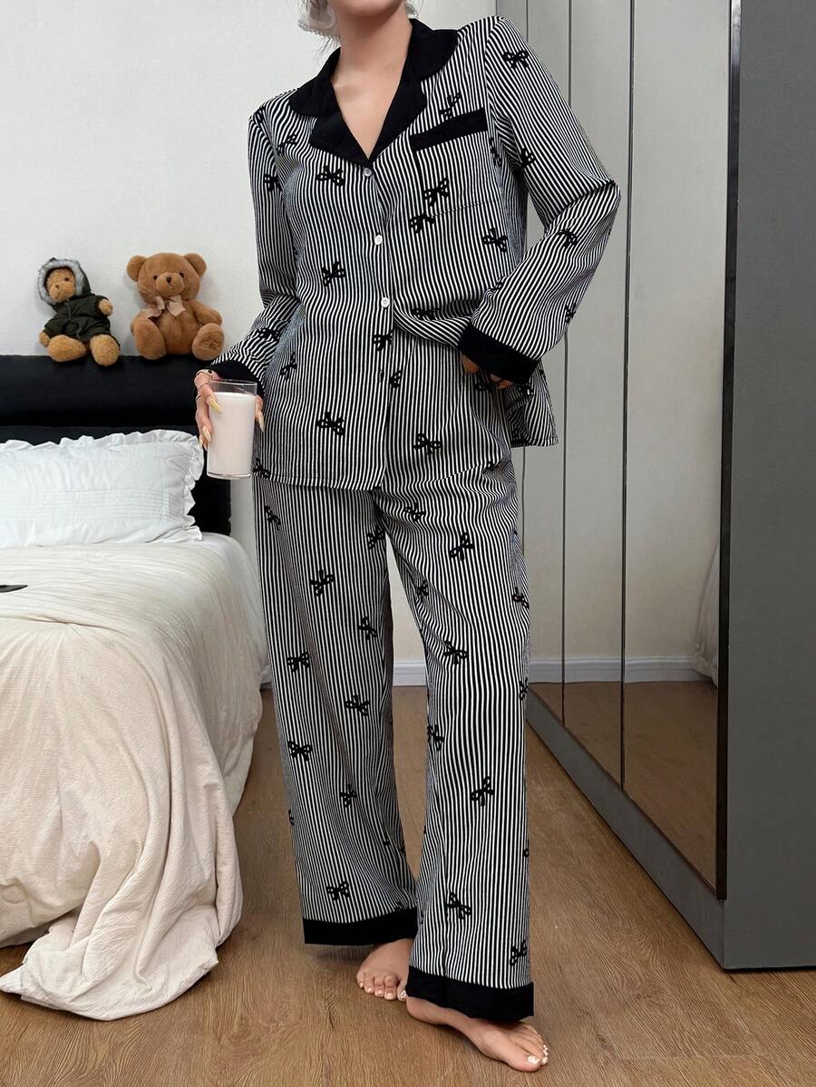 Dream Adore Bộ đồ ngủ dài tay kẻ sọc cổ bèo nhún màu tương phản dành cho nữ - màu đen - Xem 1