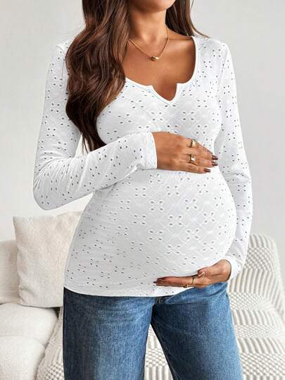 Modmama Camiseta de manga larga con escote entallado, bordado y calado para mujeres embarazadas y en período de lactancia, ideal para primavera, otoño y maternidad