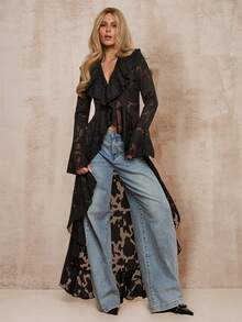 Glamine 浪漫度假风荷叶边薄纱长款轻薄外套，西部风格外衣，适合秋冬季、圣诞节、海滩等场合，尽显优雅波西米亚西部风情。 - 黑色 - 查看 4