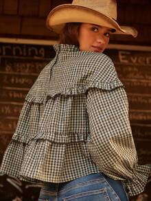 WESTFADE Plaid Check Woven Ruffle Neck Tiered Button Back Long Puff Sleeve Loose Fit Babydoll Top Winter, Boho, Western Wear, Holiday, Christmas, NYE, New Year, Nashville Cowgirl, Casual, Cute - Brown - View 5