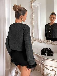 Glamine Women's Sexy Shiny Fuzzy Cuff Long Sleeve Cropped Jacket - Black - View 2