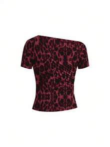 Ellevyn 不对称褶皱肩部镂空短袖针织纯色T恤，优雅女款，春夏款 - 酒紅色 - 查看 11