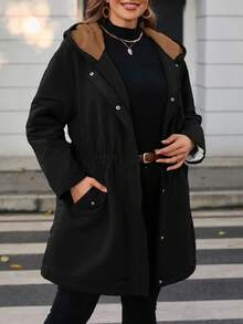 SHEIN PETITE CURVE Plus Size Waisted Hooded Fleece Jacket With Pocket/Winter - Black - View 4
