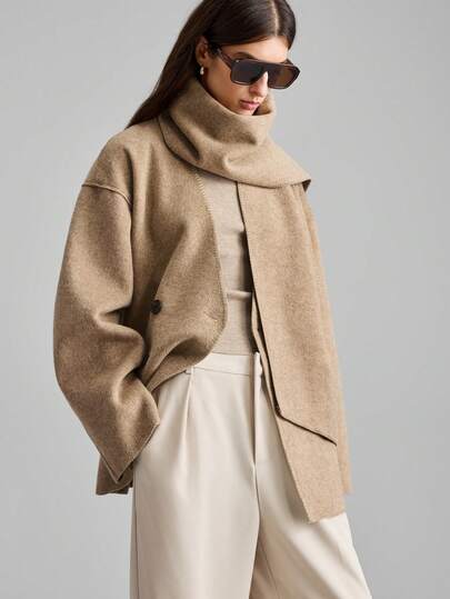 Ontre 2025新款现代都市风灰色女式羊毛混纺无袖外套双面羊毛面料商务休闲简约设计休闲风秋装