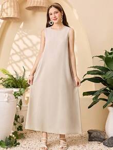 Bộ 2 áo khoác cardigan tay đèn lồng họa tiết hoa cho bé gái tuổi teen và váy cổ tròn màu trơn trang phục thanh lịch, bộ 2 áo thường ngày cho kỳ nghỉ xuân thu, trang phục hàng ngày, Jalabiya Ả Rập giản dị - Màu tím - Xem 4
