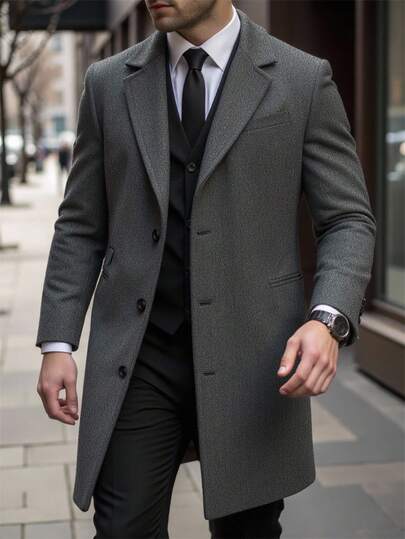 Manfinity Mode Abrigo casual de manga larga con botones delanteros y bolsillo para hombres de talla grande, adecuado como regalo para amigos, esposos o novios; Abrigo trench negro para hombres, Abrigo cruzado para hombres, Abrigo con cinturón para hombres, Abrigo casual para hombres, Abrigo trench para hombres, Abrigo de traje para hombres, Abrigo gris para hombres, Estilo de otoño e invierno.