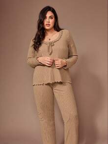 Lazeform Plus Size Women Gentle Knit Striped Long Sleeve Top And Pants Pajama Set - Brown - View 4