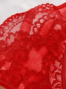 2件套女士蕾丝前扣无钢圈性感文胸和内裤内衣套装新娘 - 紅色 - 查看 3