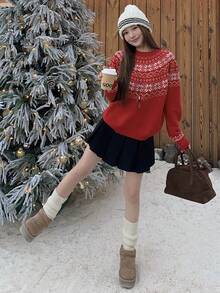 DAZY Suéter de punto jacquard con cuello redondo, estilo holgado retro y suave - Rojo - Ver 3