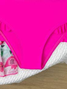 SHEIN 3件套女童泳衣套装，可爱卡通印花，时尚休闲优雅，适合游泳、度假、夏季保暖圣诞节节日新年情人节泳装罩衫3件套女童泳衣套装3件套比基尼套装粉色花朵比基尼粉色火烈鸟泳衣女童 - 彩色 - 查看 5