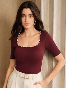 Anewsta New Fashionable Seamless Fitted Rhinestone Embellished Crew Neck T-Shirt - Burgundy - View 3