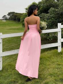 SHEIN EZwear Women's Casual Light Pink Pleated Elegant Strapless Summer Dress, Suitable For Valentine's Day Pink Strapless Dress Pink Bridesmaid Dress Light Pink Maxi Dress Long Pink Dress Pink Wedding Guest Dress - Baby Pink - View 2