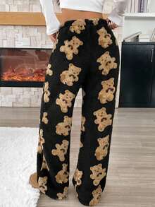 Tween Girl Casual Cartoon Bear Pattern Drawstring Waist Teddy Fleece Long Pants, Autumn/Winter - Black - View 2