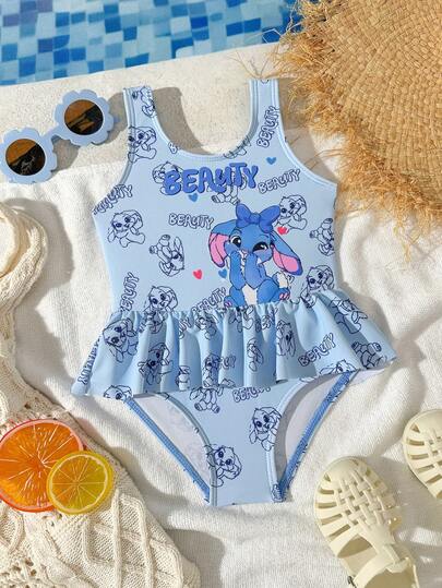 1 st. söt blå kaninmönstrad baddräkt i stretchigt och bekvämt stickat tyg för babyflickor, lämplig för strand, pool, semester, sommar, resor