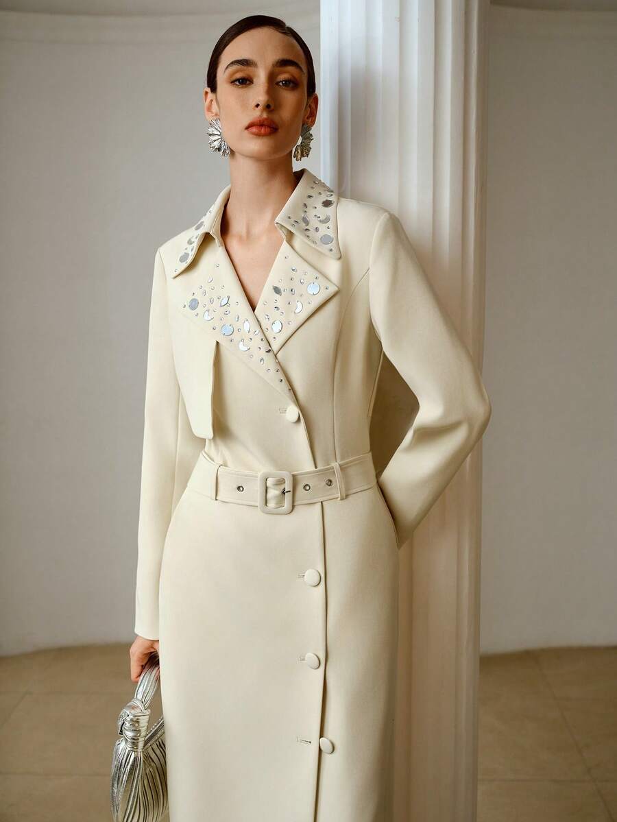 ZEYLAH Women's Fashion Casual/Work Commute Rhinestone Decor Belted Windbreaker Style Dress, Spring/Autumn - Beige - View 1
