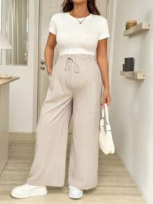 SHEIN 可调节腰带口袋时尚百搭孕妇阔腿裤 - 卡其色 - 查看 7