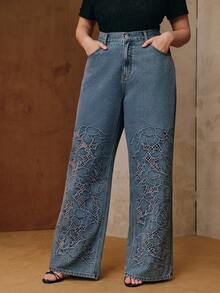 Anewsta 女士高腰优雅刺绣镂空宽松阔腿大码牛仔裤，适合春季、情人节、派对穿着 - 藍色 - 查看 4