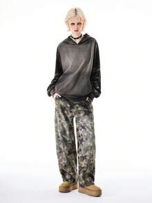 Bloopia Women's Vintage Cat Whisker Print Distressed Style Pullover Sweatshirt, Casual Retro Style, Autumn/Winter - Grey - View 3