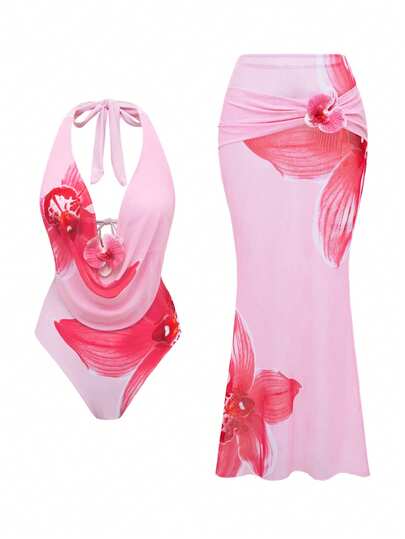 Swim Oasis 2pcs/Set Women's Sweet & Elegant Placement Print One-Piece Top + 3D Floral Decor + Draped Skirt, Spring/Summer