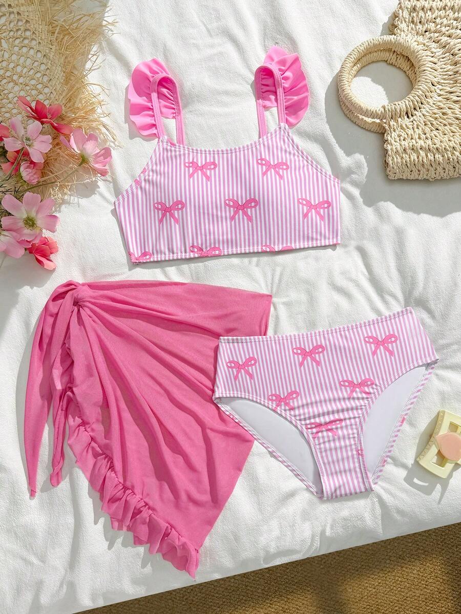 SHEIN Tween Girls Leopard Print & Solid Color Fringe Trim 3 Pieces Bikini Set,White,Summer,Cute,Pool Party,Vacation,Holiday Mesh Knit Cheetah Bathing Suit - Pink - View 1
