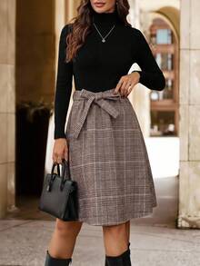 Editum Women's Ribbed Black Long Sleeve Knit Elastic Waist A-Line Plaid Elegant Casual Commute Mini Dress, Autumn/Winter Plaid Long-Sleeved Knee-Length Dress Elegant Autumn/Winter Dresses For Work - Multicolor - View 8