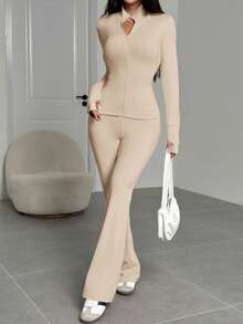 CovetEZ Conjunto de 2 peças Jaqueta de Zíper com Manga Longa e Calça em Cor Sólida para Mulheres