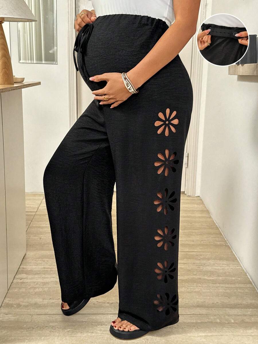 SHEIN Adjustable Waist Hollow Out Fashionable Versatile Wide Leg Pants For Pregnant Women Wide Leg Pants Set Two Piece Set Women Comfy 2 Piece Pants Set Women Pants Set Palazzo Pants Women,Maternity Clothes Flowy Pants Maternity Pants - Black - View 1