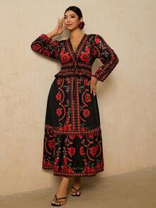 Travachic 大码女式黑红印花连衣裙，褶皱蕾丝边拼接连衣裙，腰部系带A字长袖长款连衣裙，浪漫约会旅行连衣裙 - 黑色 - 查看 8